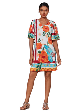 ADOR Multicolor Floral Print Shift Dress Short Sleeve Boho Mini NWT SIZE M